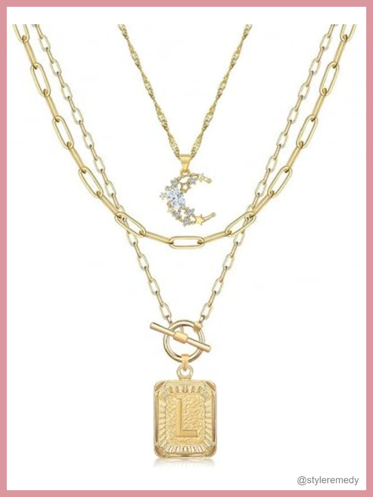 14k Gold Plated Brass Layered Initial Necklace Set, Paperclip Chain Choker